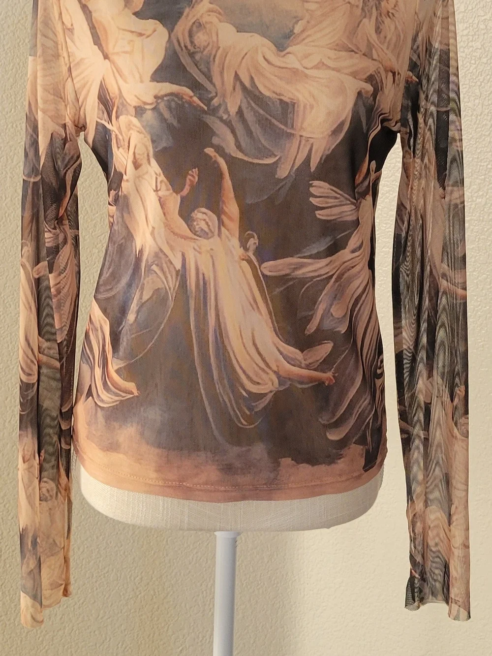 She's So Fresh Renaissance Angel Cherub Print Mesh Mock Neck Top L - Picture 2 of 11